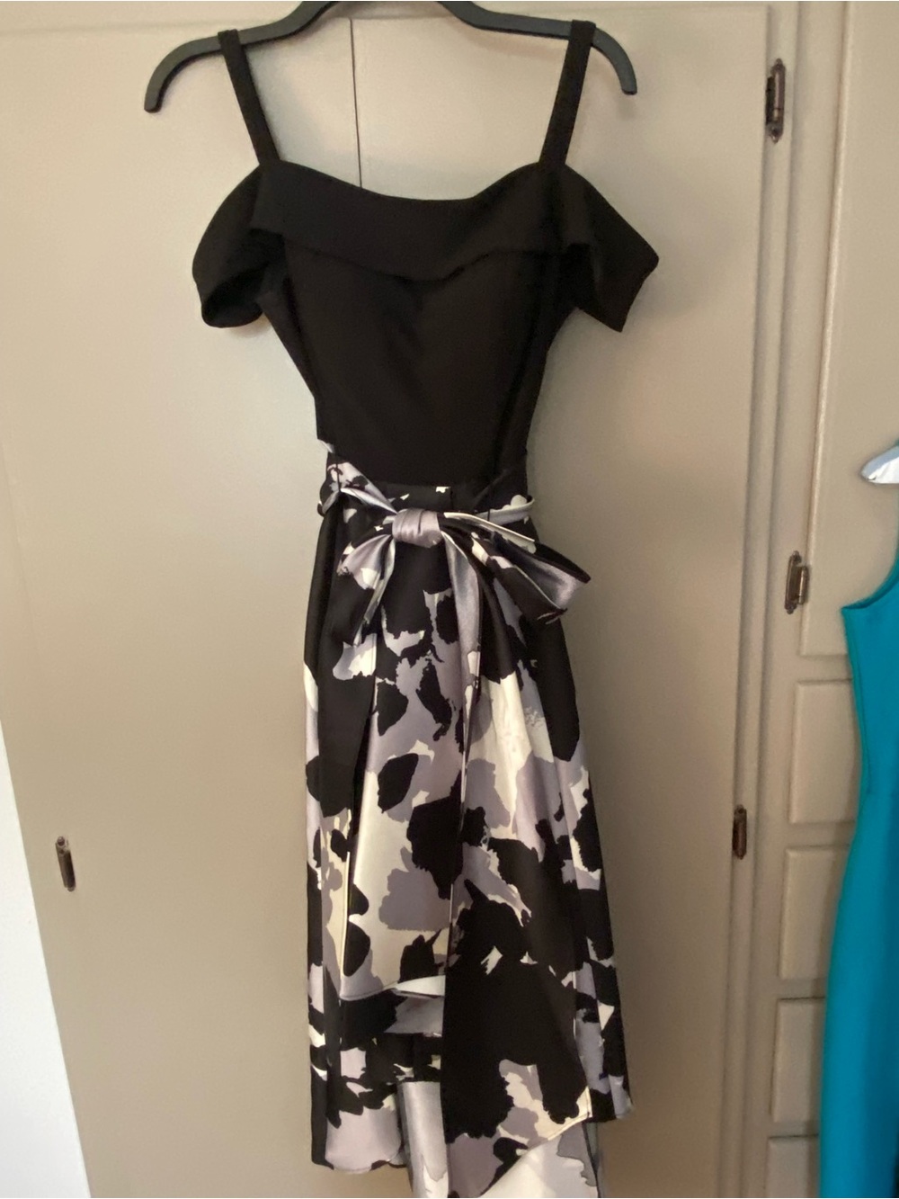 Black Off-Shoulder Fit & Flare Dress with Monochrome Floral Skirt